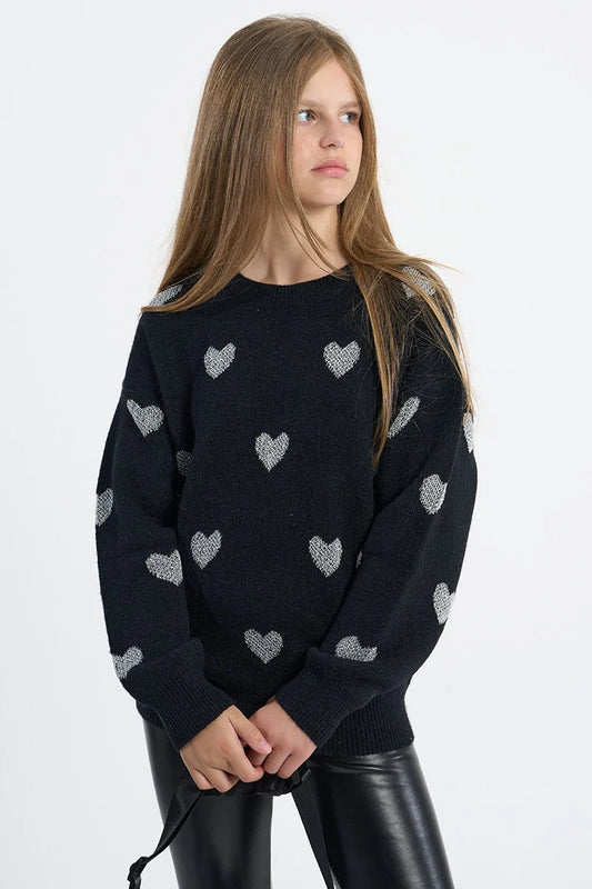 Knitted Black Sweater with Silver Hearts