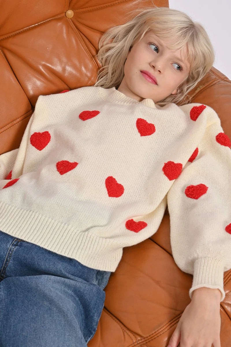 Off-White Sweater with Red Hearts