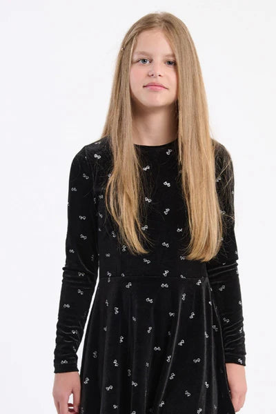 Black Velour Dress with Silver Bows