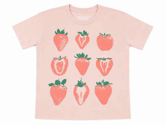 Pink t-shirt with strawberry pattern on a white background