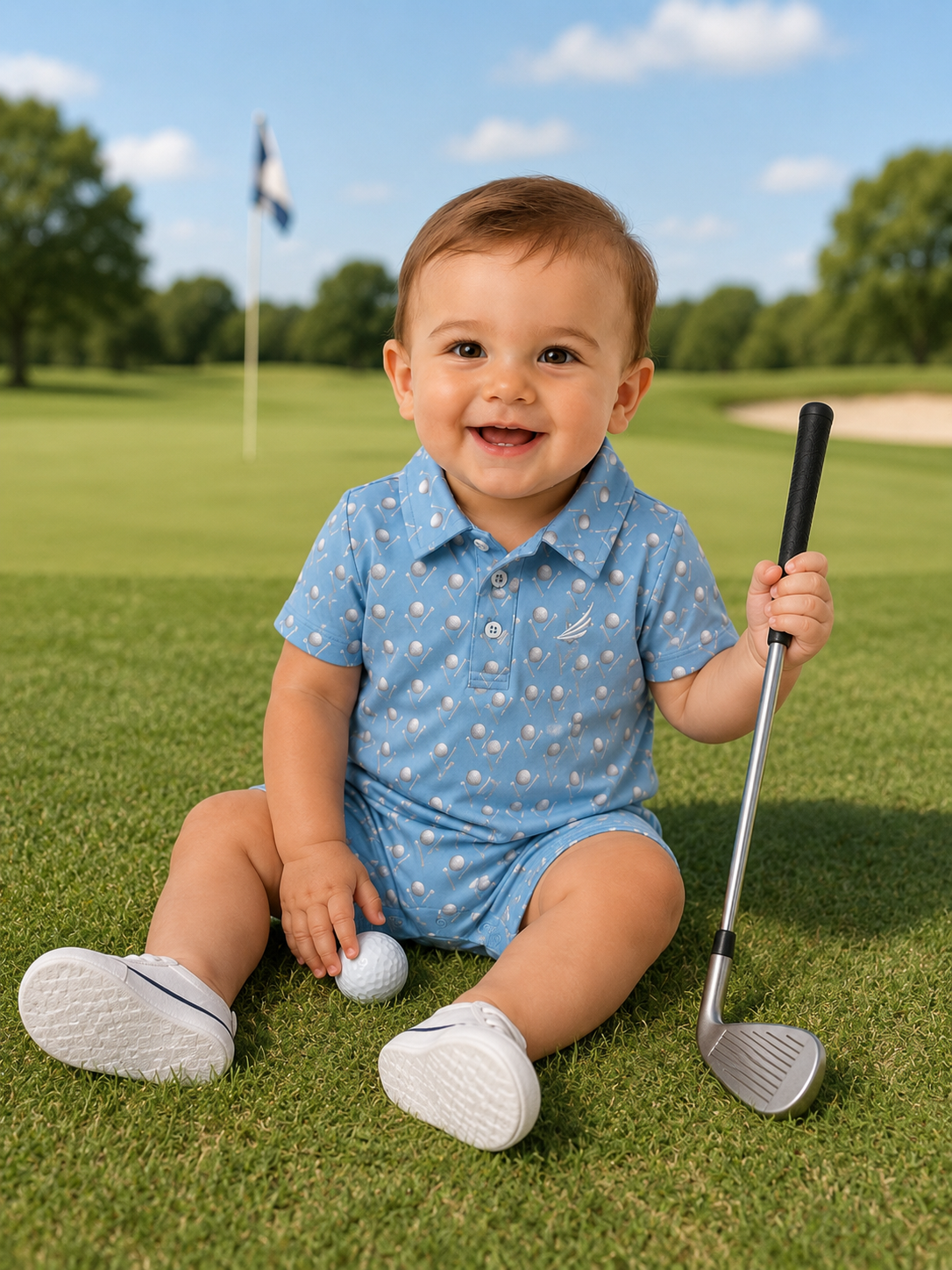 Light Blue Polo Romper with Golf Ball Tee