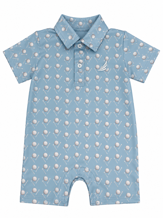 Light Blue Polo Romper with Golf Ball Tee