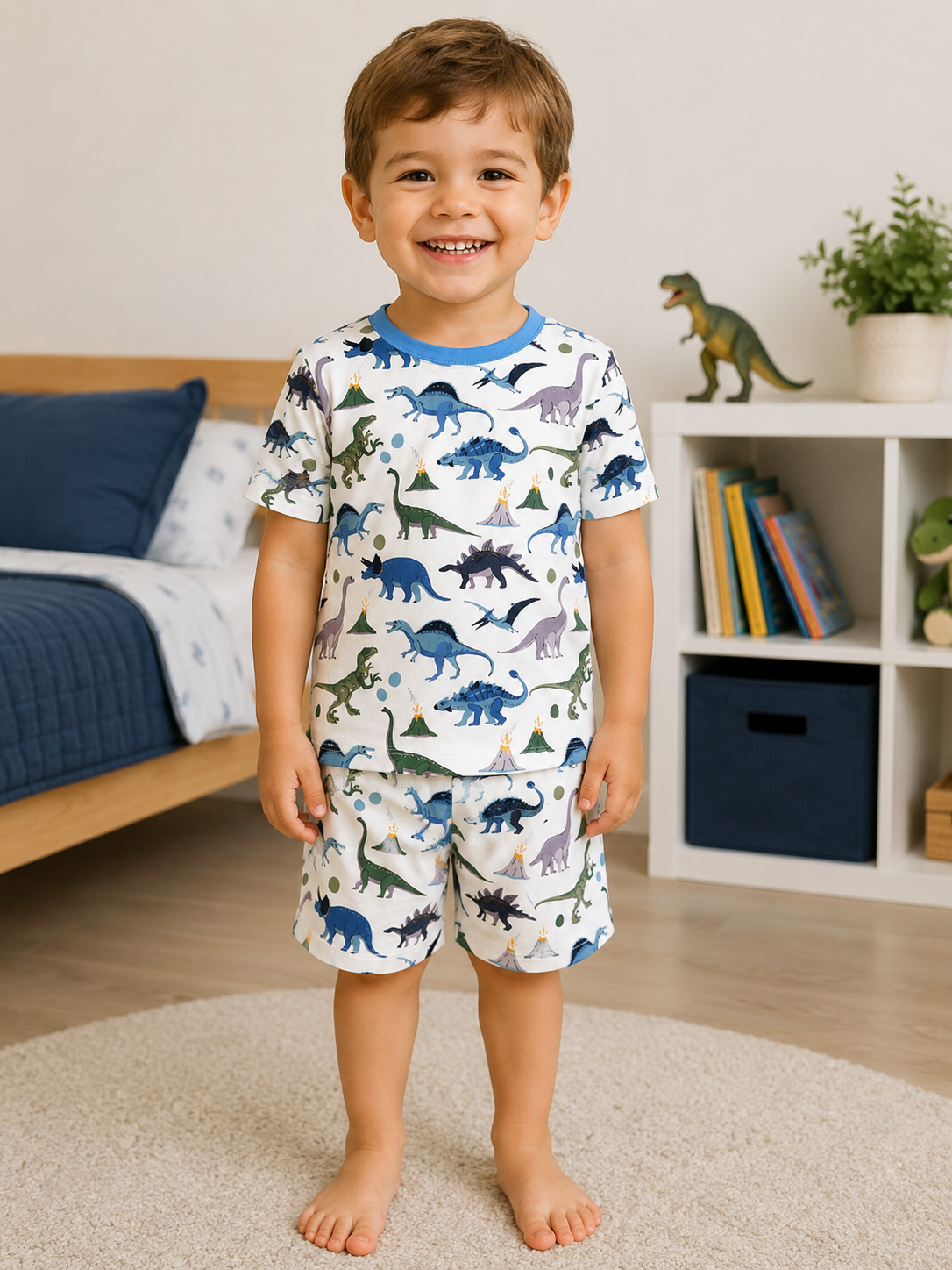 Child wearing dinosaur-themed pajamas made with bamboo fabric in a bedroom setting