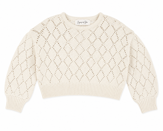 An off-white knit sweater with a diamond openwork pattern, long sleeves, and ribbed cuffs and hem.