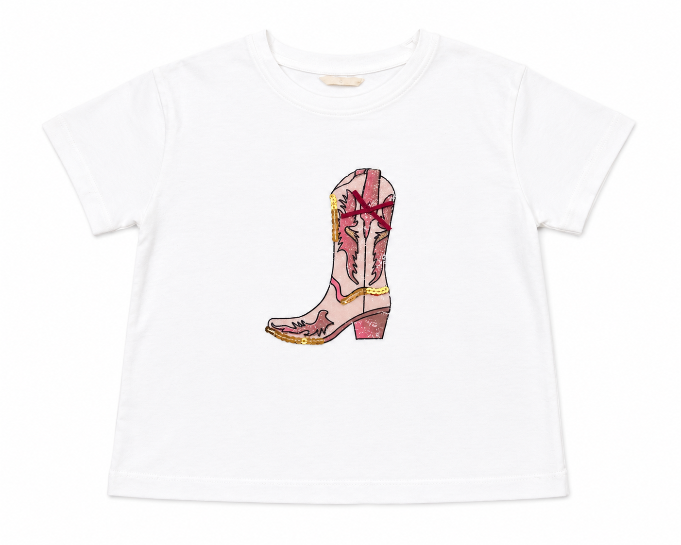off-white t-shirt with pink cowboy boot graphic on a white background