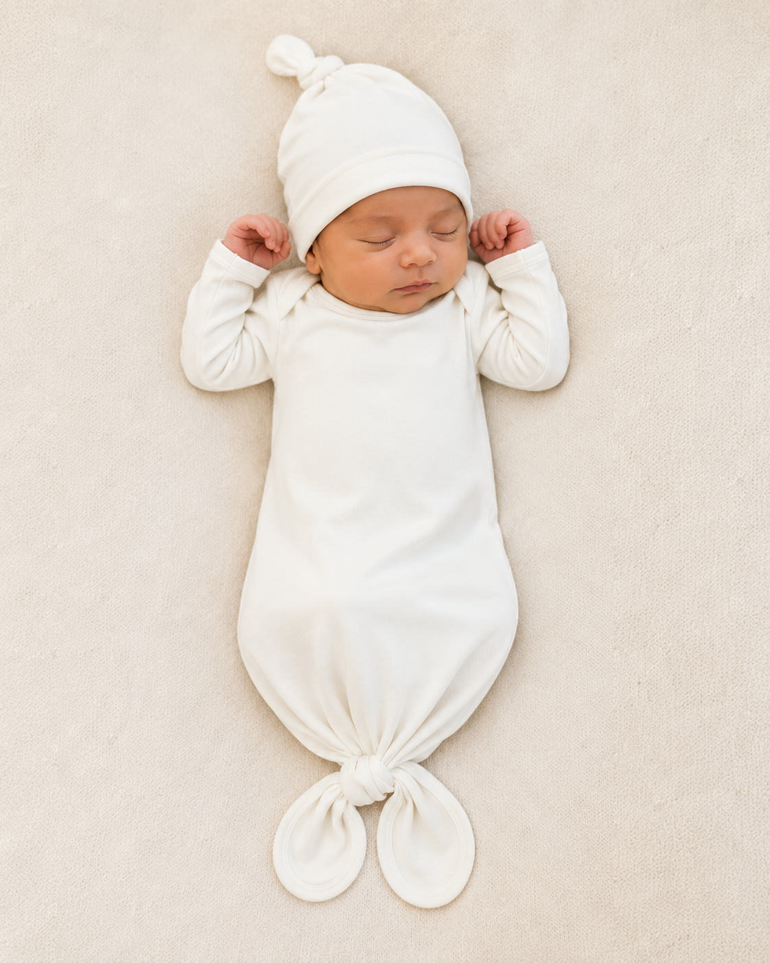 baby in natural layette knot gown and hat made from bamboo fabric