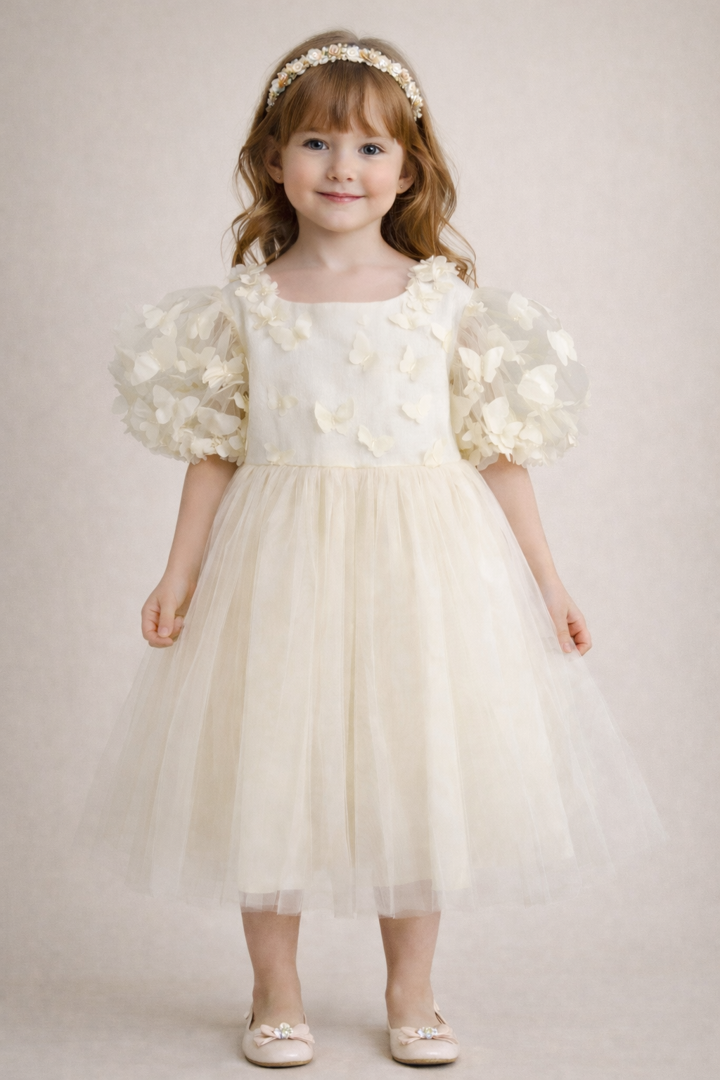 Ivory Puff Sleeve Butterfly Dress