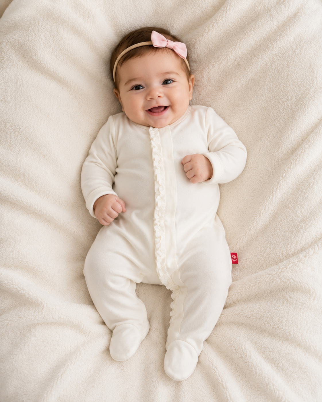 baby girl in cream ruffle magnetic footie sleeper