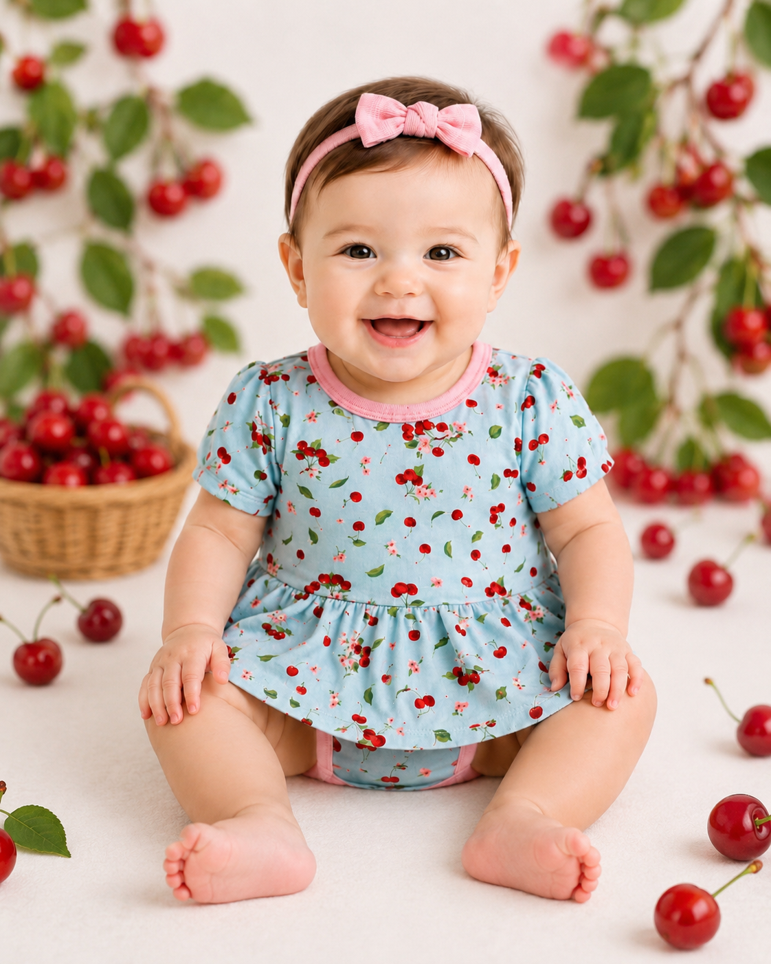 Baby in a cherry-themed outfit sitting among cherry decorations wearing bodysuit cherry dress from bamboo fabric