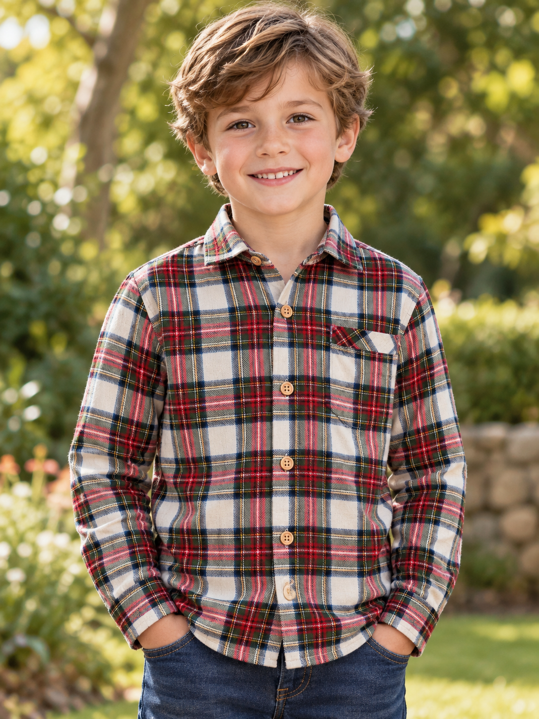Woven Plaid Shirt Cream Green