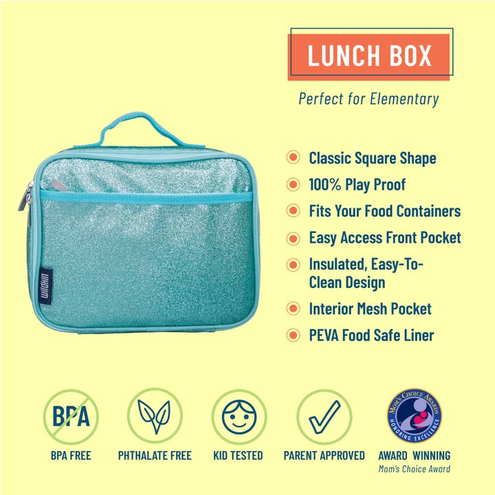 A turquoise glittery lunch box with a top handle and front zip pocket, shown on a pale yellow background with product features and icons. Text includes 'LUNCH BOX', 'Perfect for Elementary', and BPA-free and kid-tested badges.