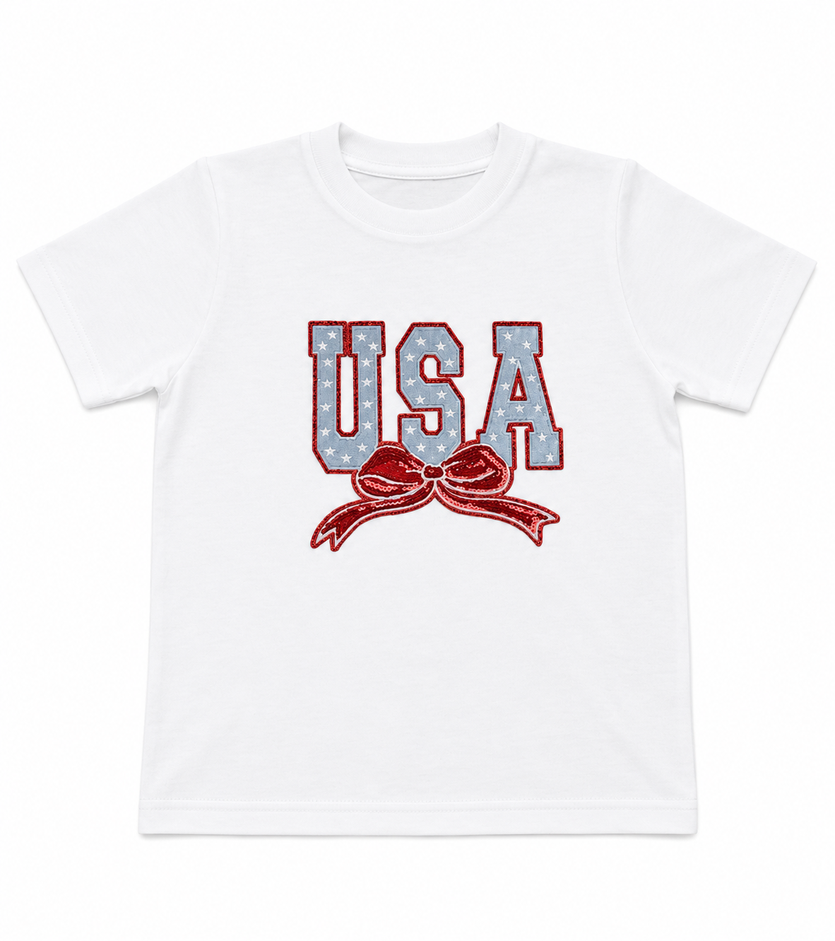 White t-shirt with 'USA' text and bow design on a white background