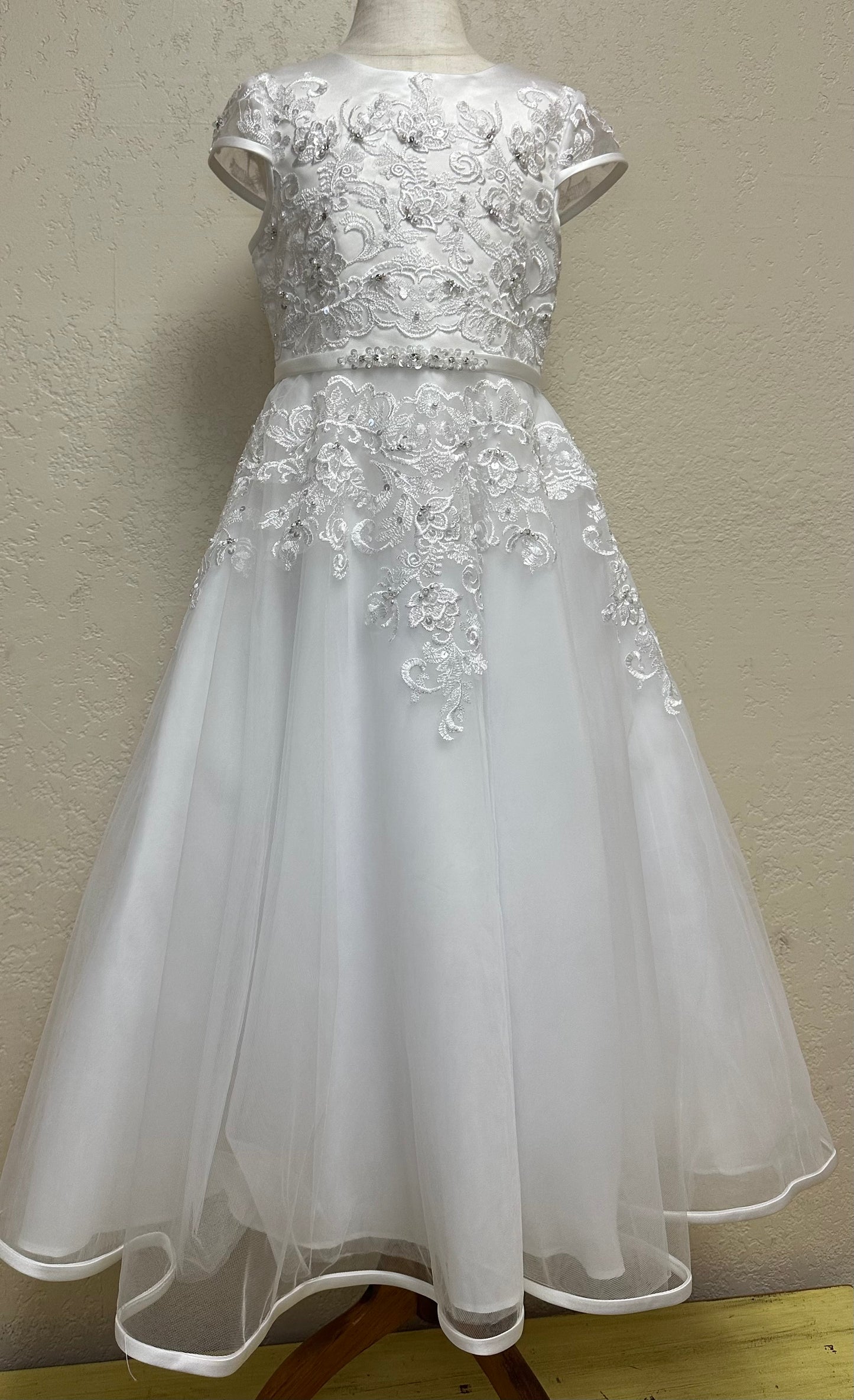 Cap Sleeve Floral Beaded Waist Dress