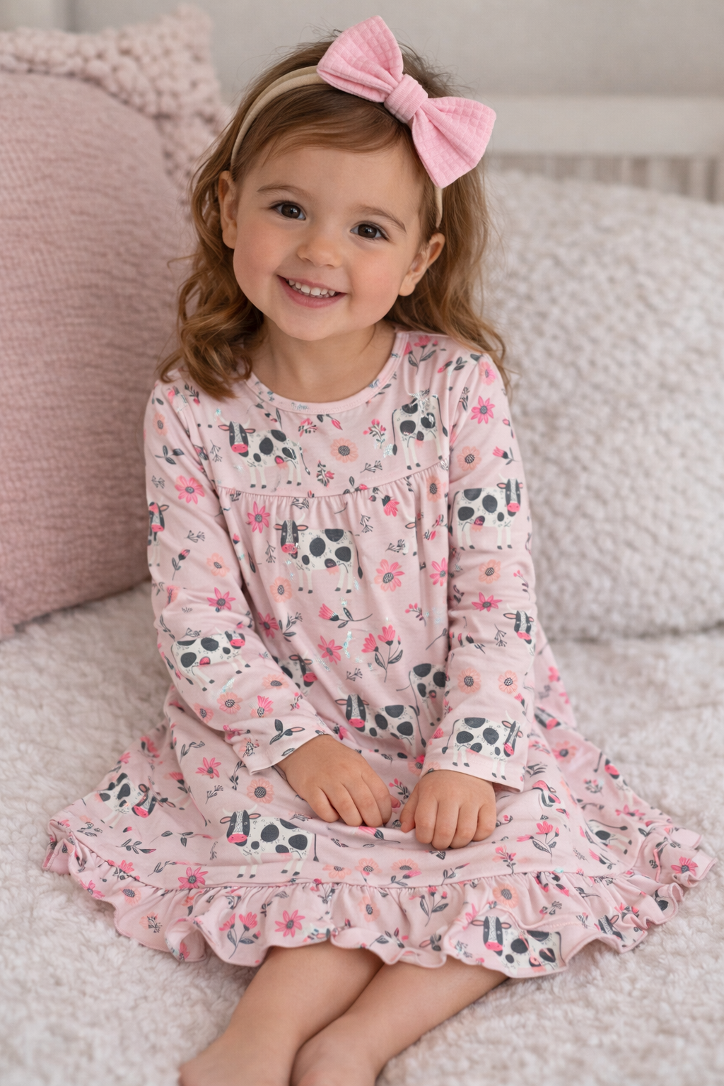 Young girl wearing a floral and cow nightgown with a pink bow, sitting on her bed