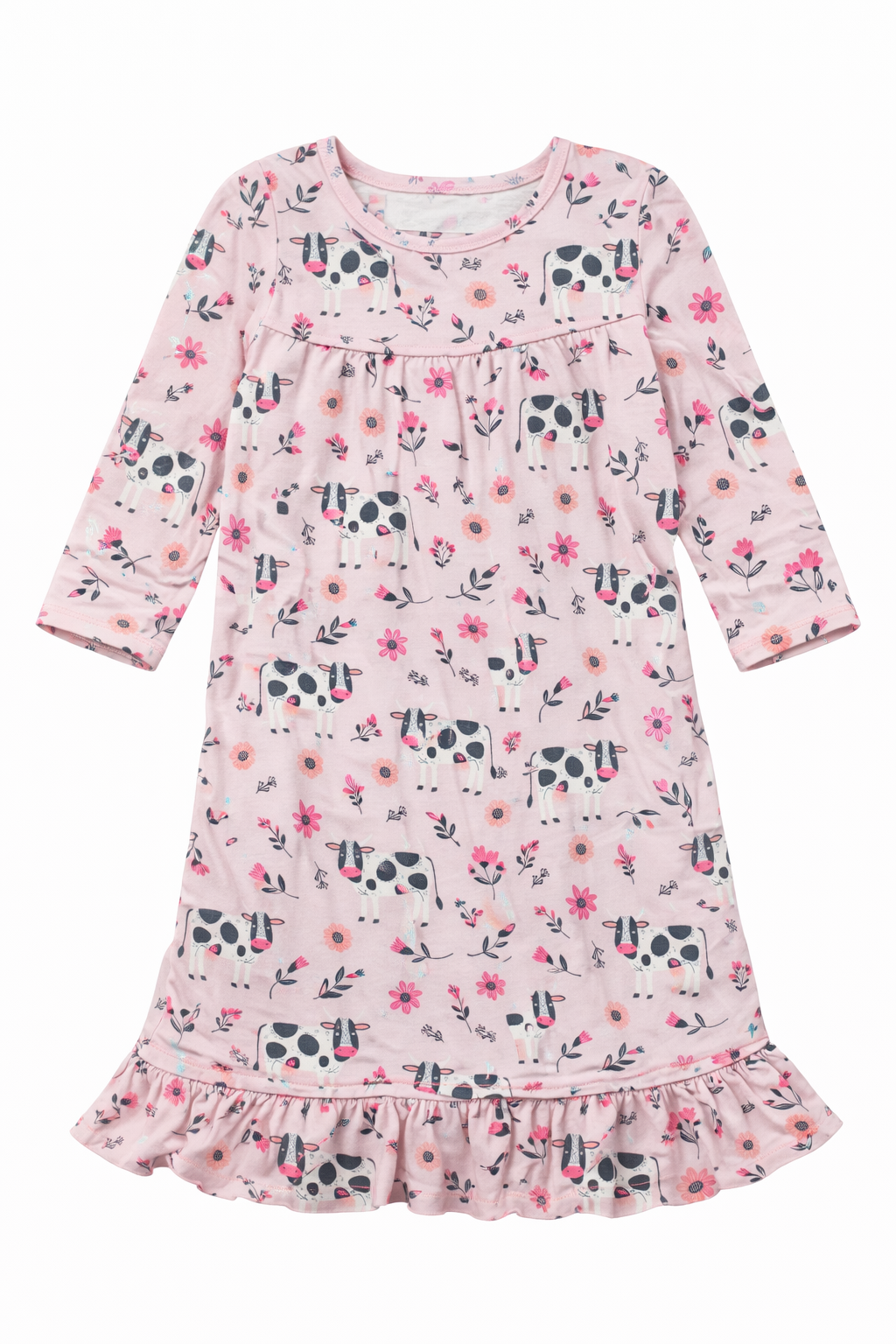 Floral and cow patterned nightgown on a white background