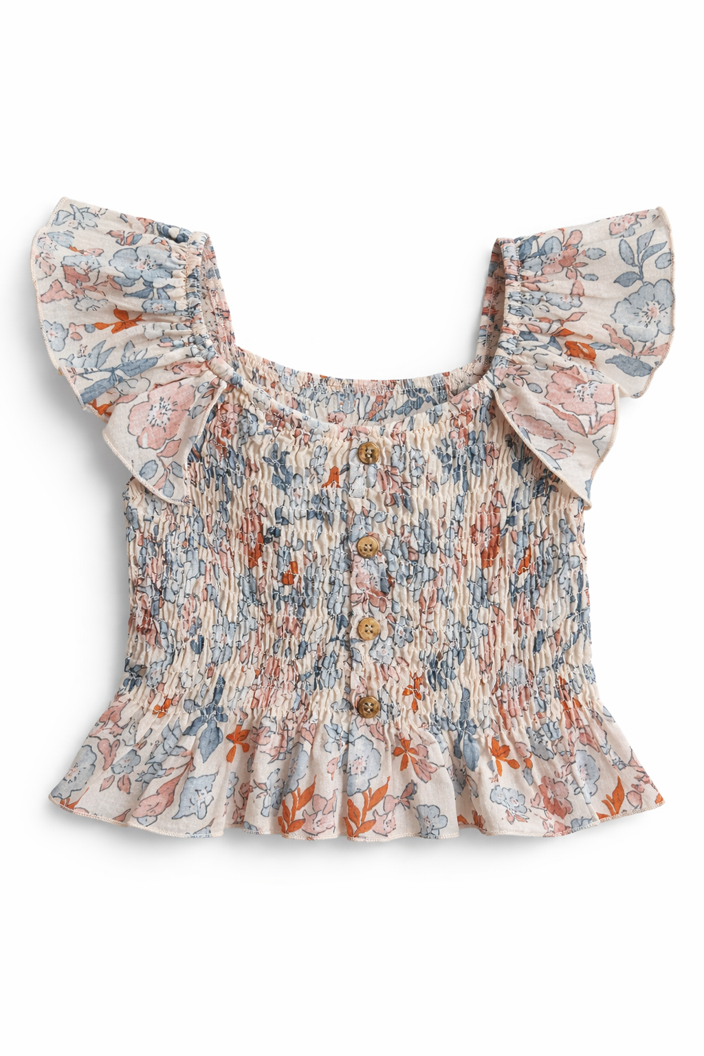 Floral Salmon Blue Ruffle Top