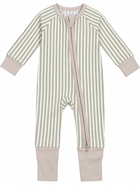 Taupe Stripe Zipper Footie