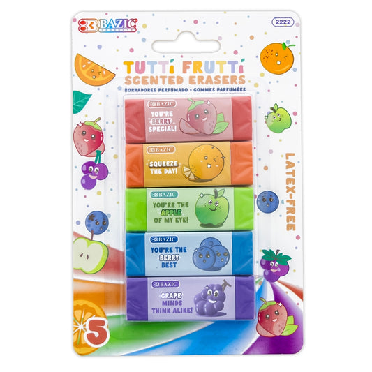 5 fruit-scented erasers (strawberry, apple, orange, blueberry, grape), non-toxic, latex-free. Clean erase.