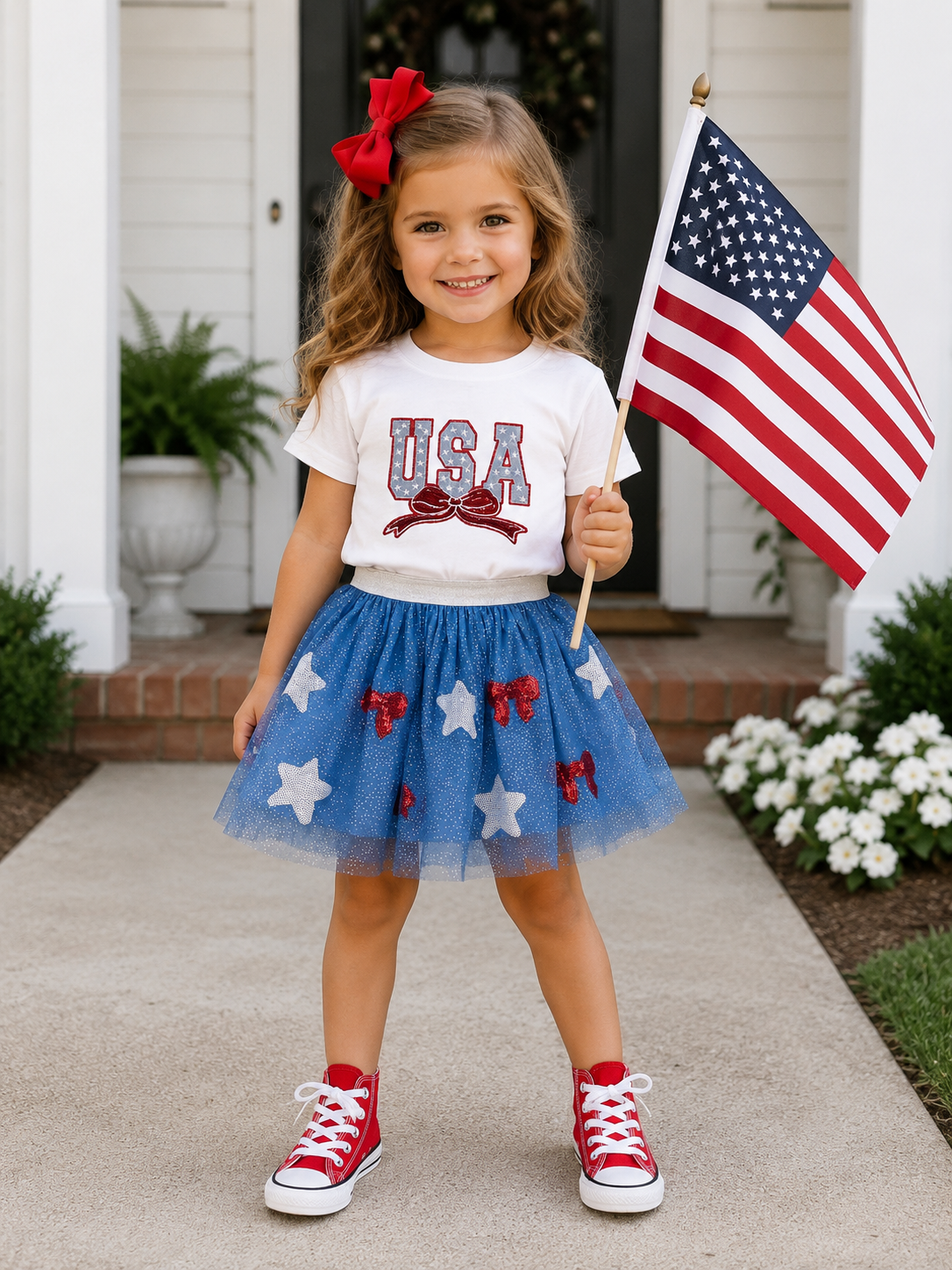 Young girl in patriotic outfit holding an American flag on a porch.