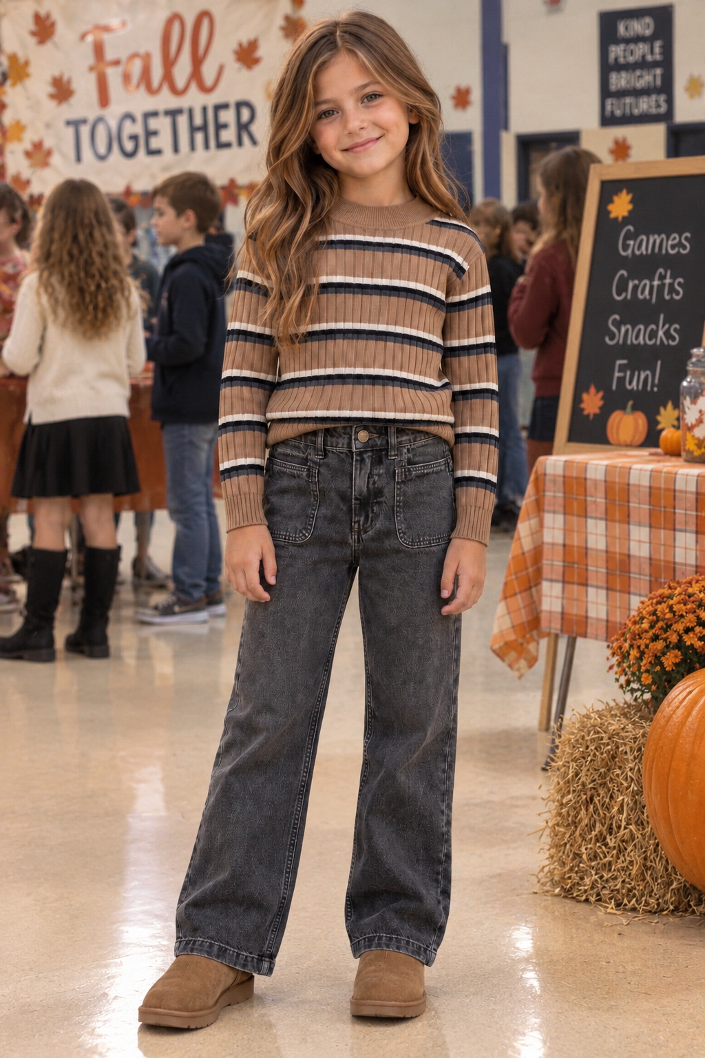 Camel Striped Knit Mockneck Sweater