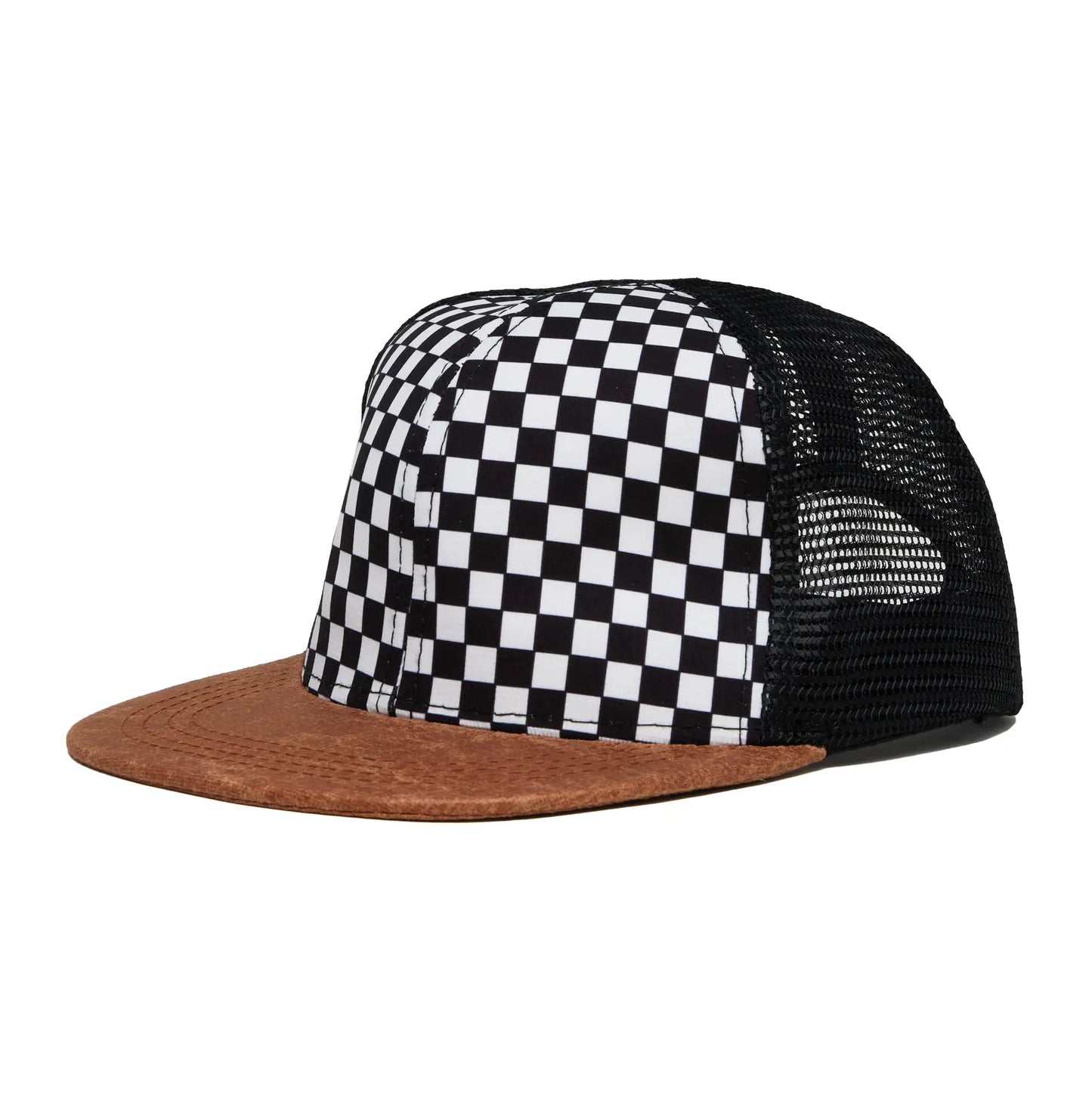 Checker Faux Flat Brim Trucker Hat