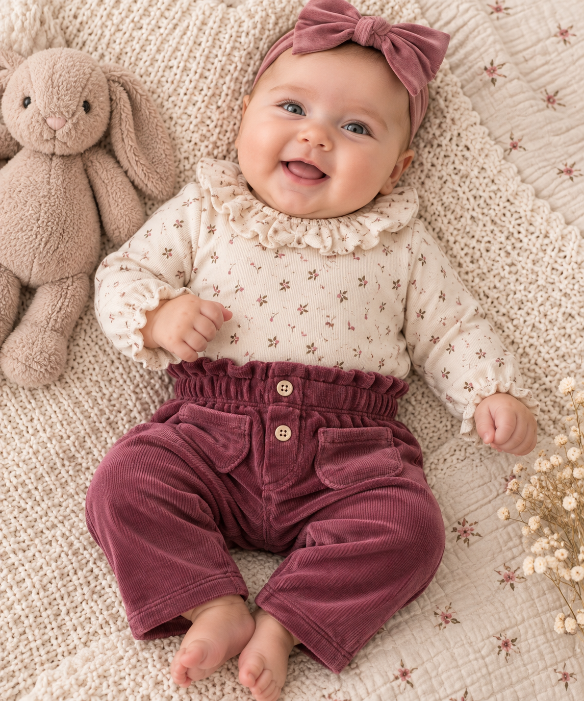 Beige Onesie with Mauve Flowers