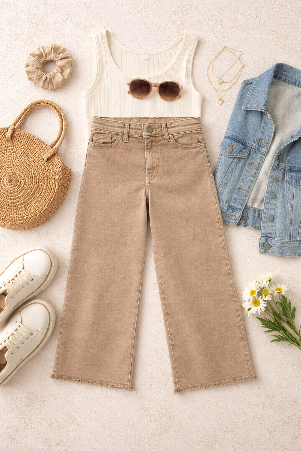 Beige Wide Leg Denim