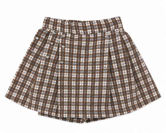 A brown, beige, and white plaid pleated skirt with a button-up front