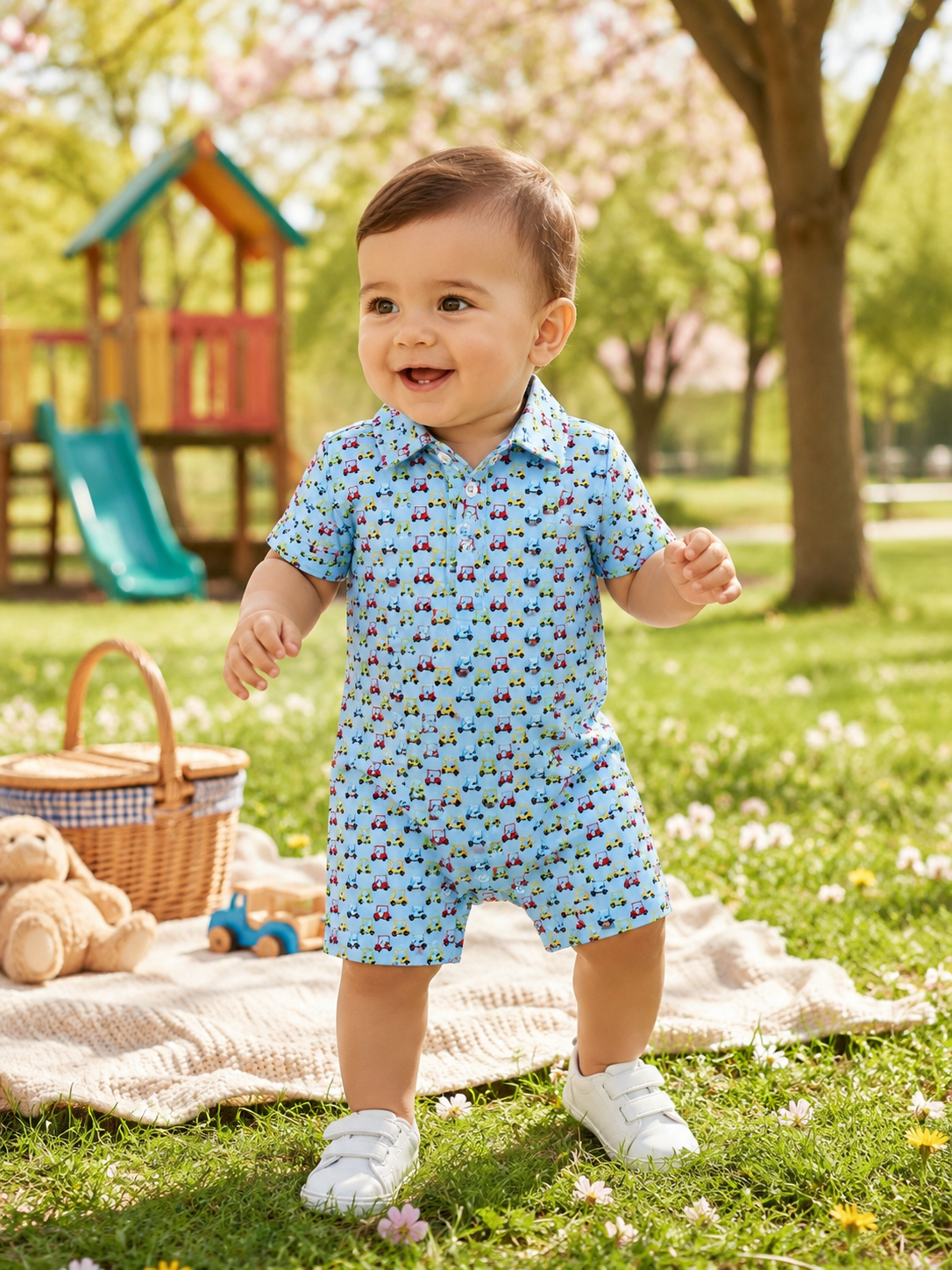 Baby in a blue romper with golf cart pattern made from performance fabric standing on grass in a park.