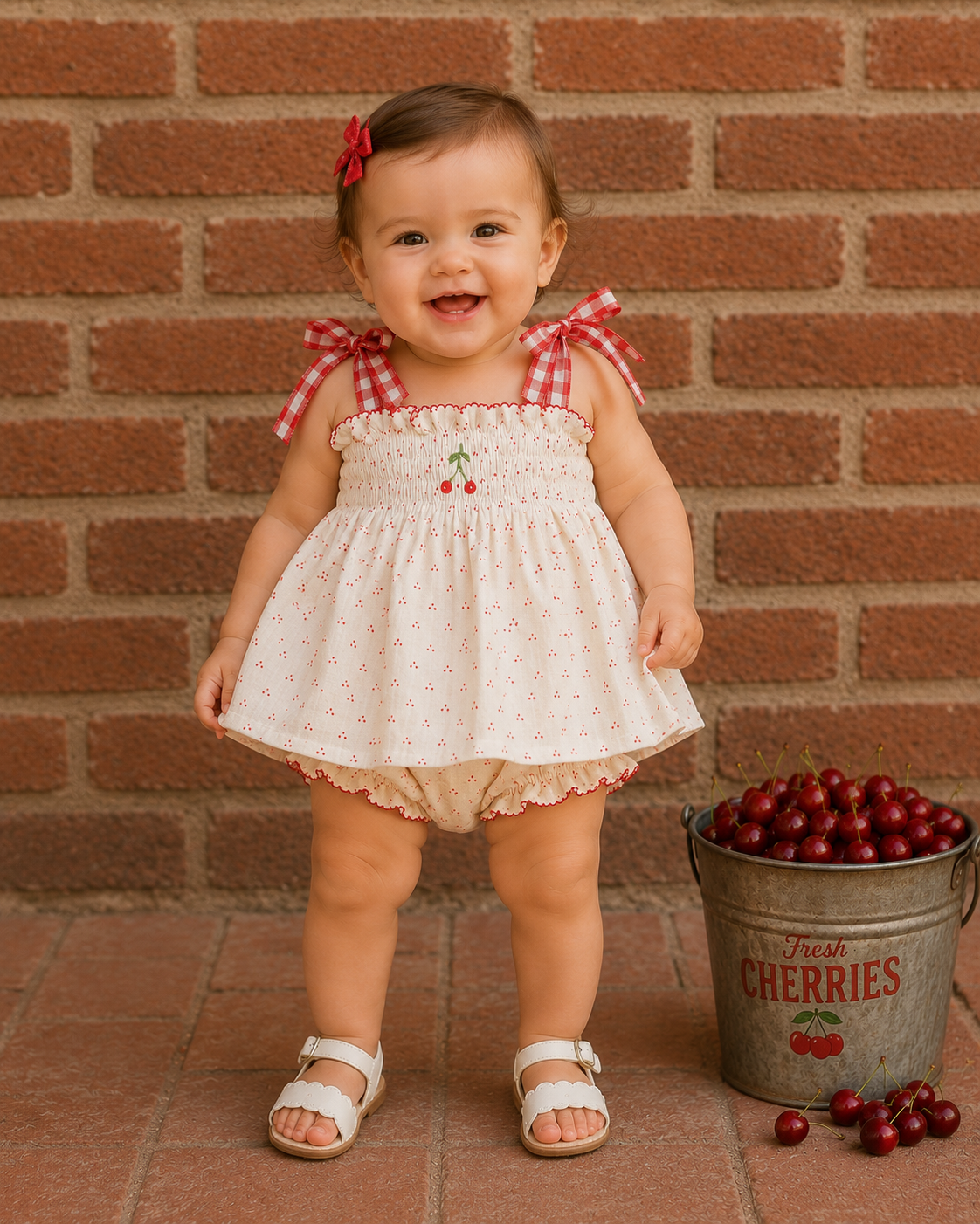 Cherry Embroidered Smock Set