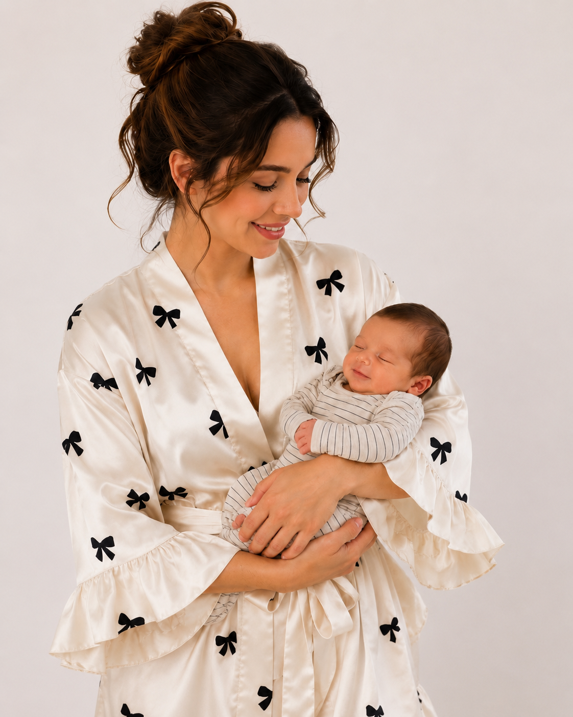 Woman in a white robe with black bow patterns holding a baby against a plain background