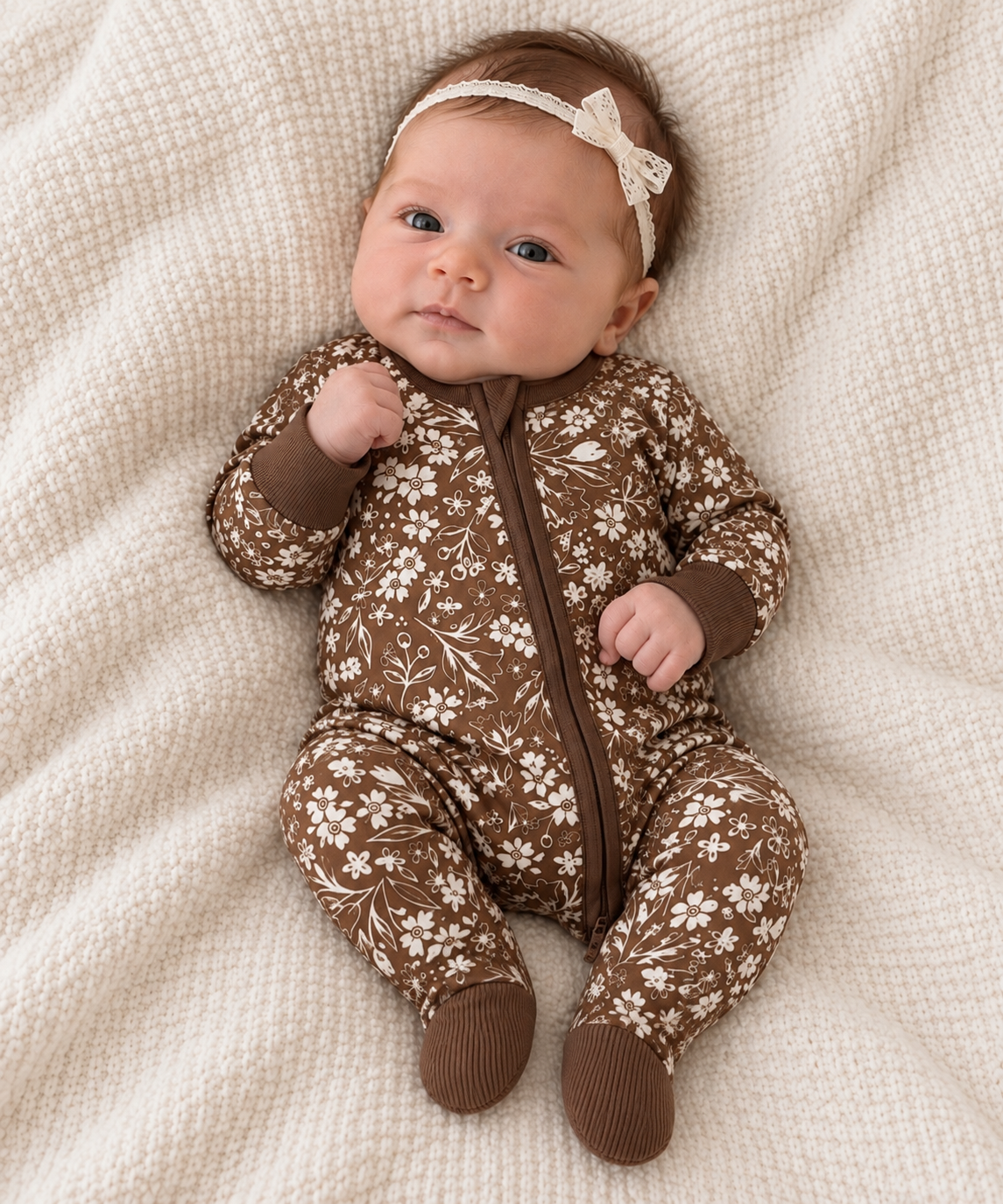 Brown Floral Zipper Footie