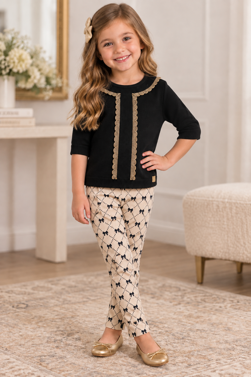 Beige Black Bow Tie Print Leggings