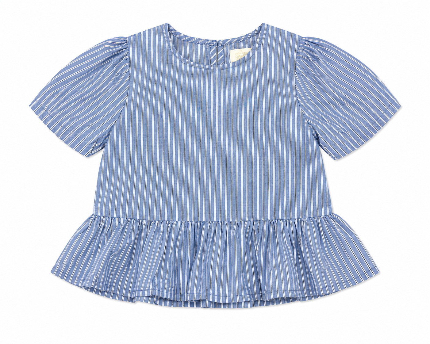 Blue and white striped blouse with ruffled bottom on a white background