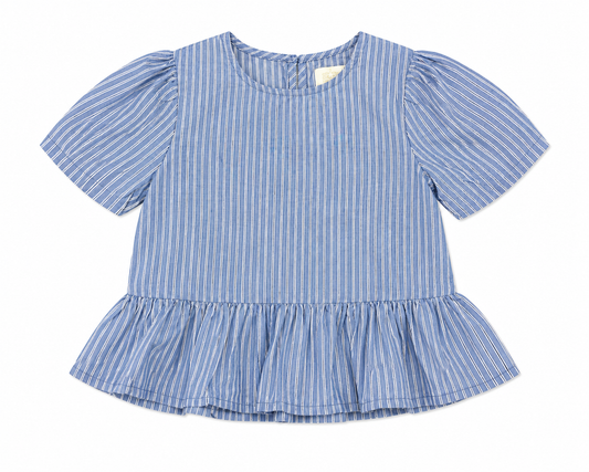 Blue and white striped blouse with ruffled bottom on a white background