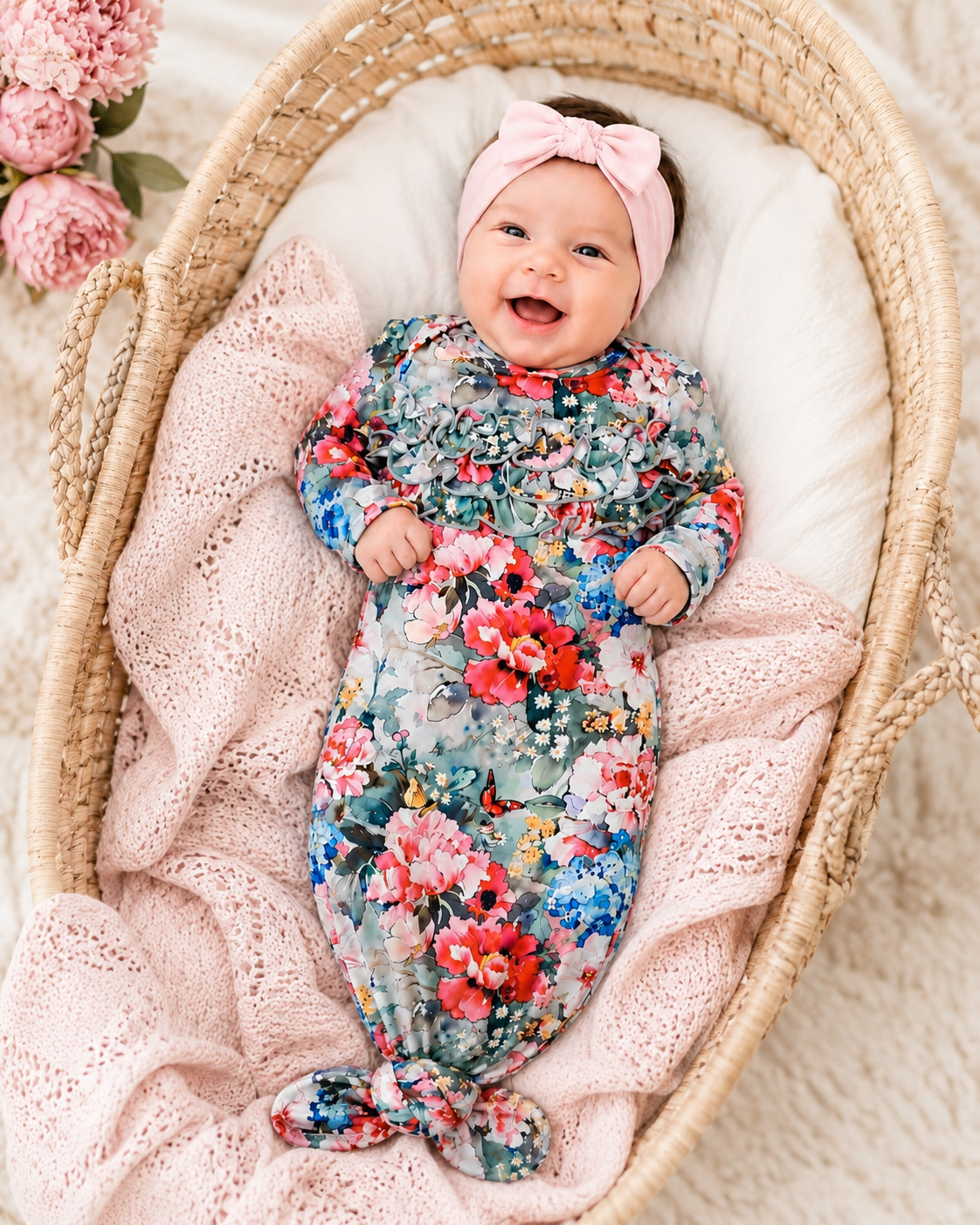 baby girl in floral knot gown from bamboo fabric in basinet 
