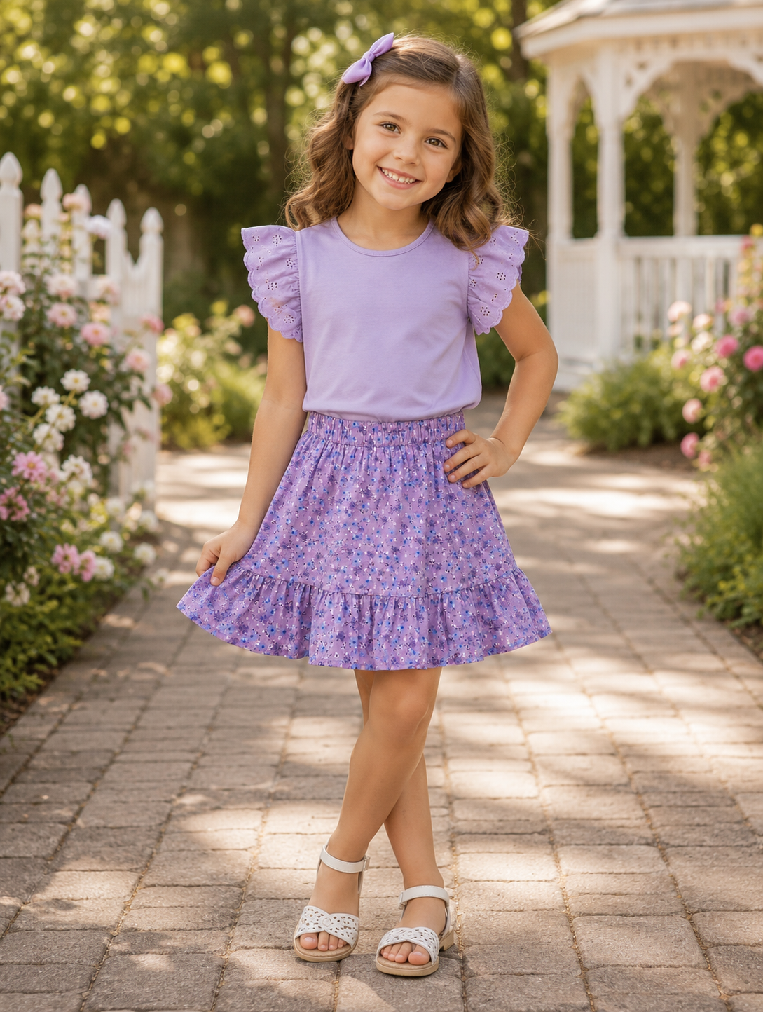 Lavender Top with Eyelet Ruffle Sleeves