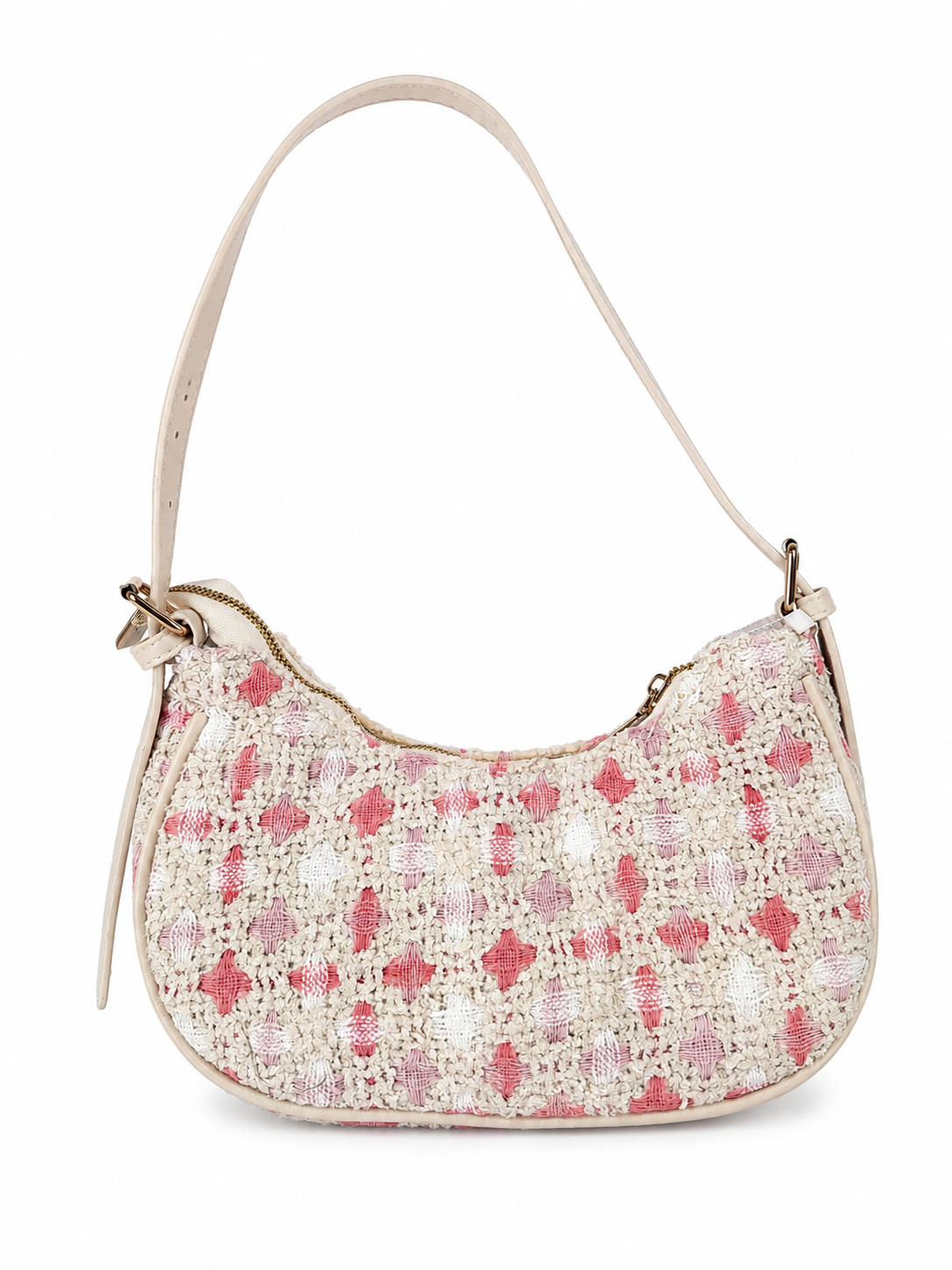 Handbag with pink and white pattern on a white background