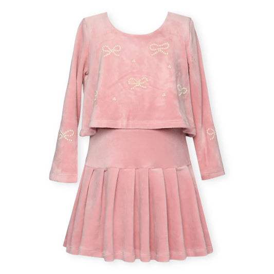 Velour Twofer Dress with Pearl Bow
