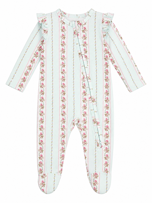 Antoinette Stripe Ruffle Zipper Footie