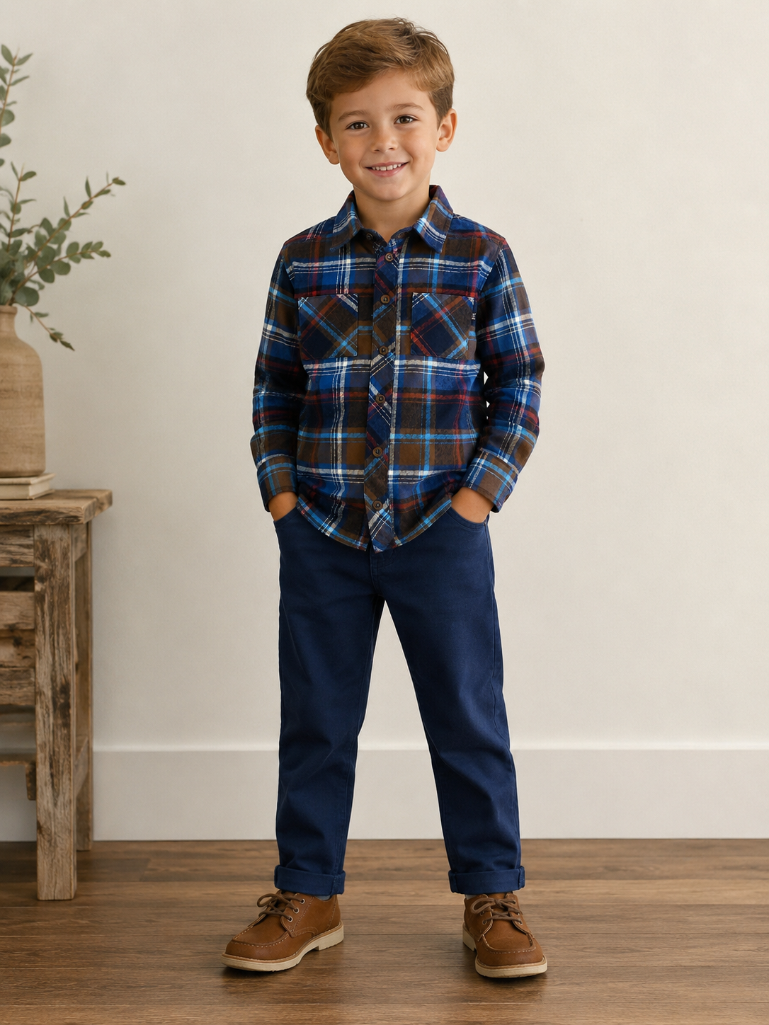 Long sleeve Brown Navy Plaid Shirt