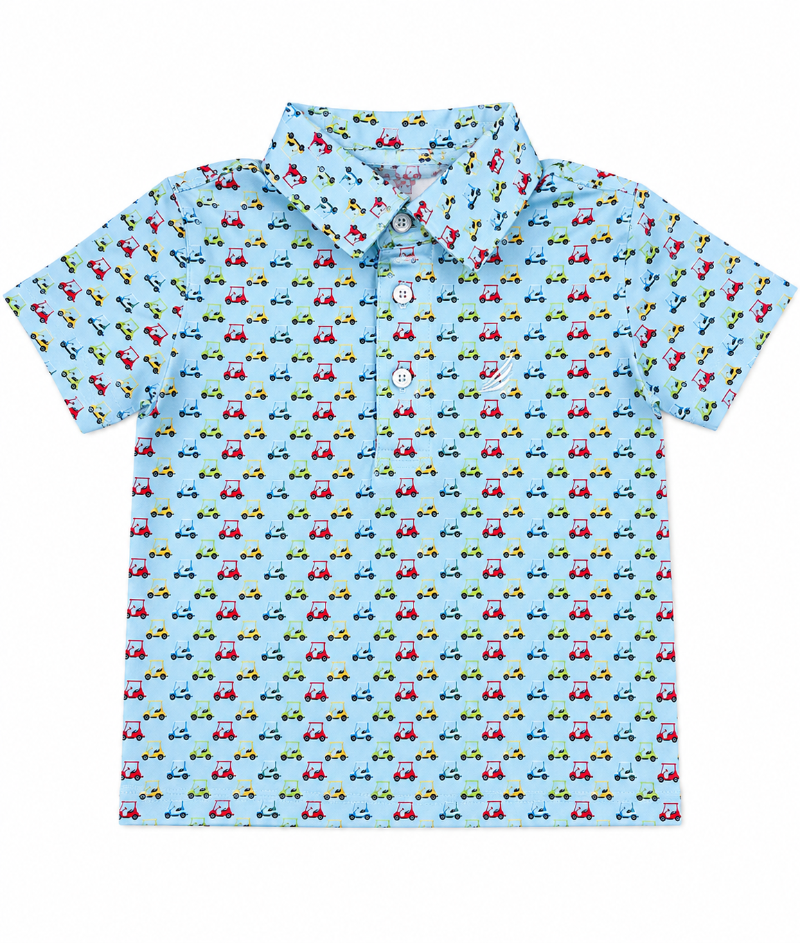 Children's polo shirt with car pattern on a light blue background performance fabric dry fast 