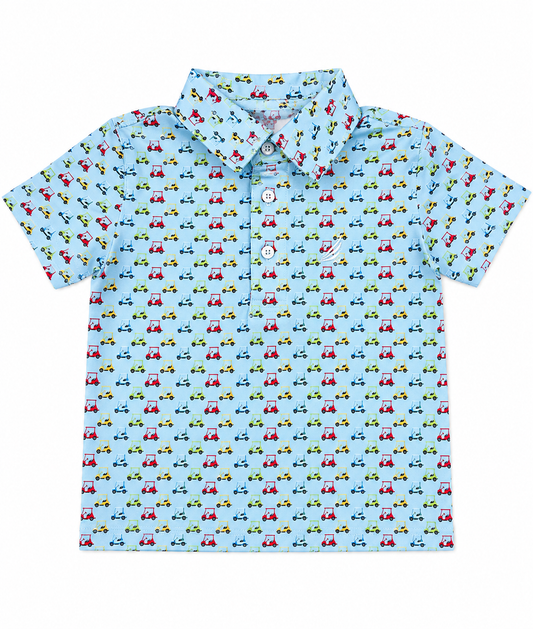 Children's polo shirt with car pattern on a light blue background performance fabric dry fast 
