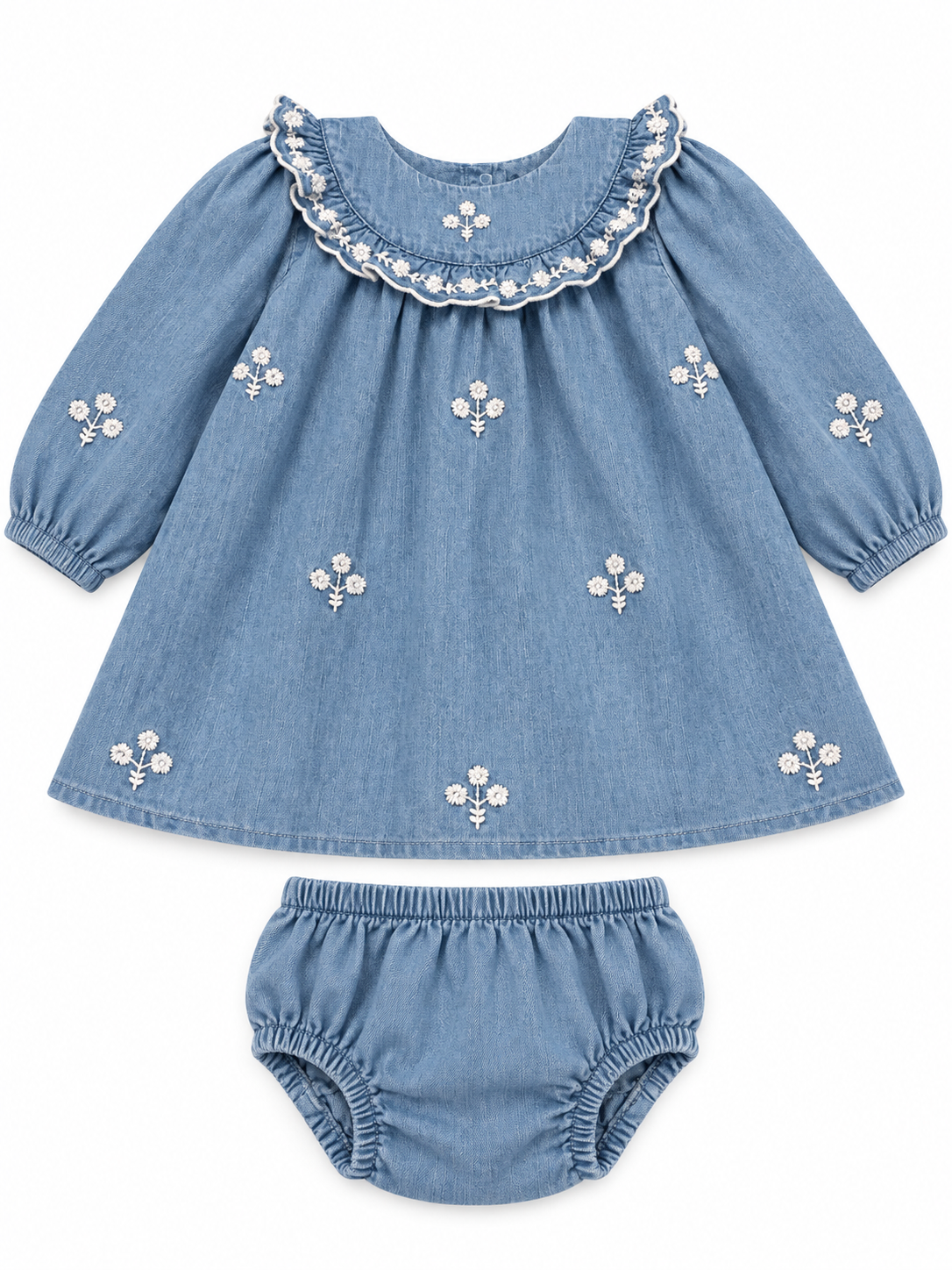 White Embroidery Flowers Denim Dress