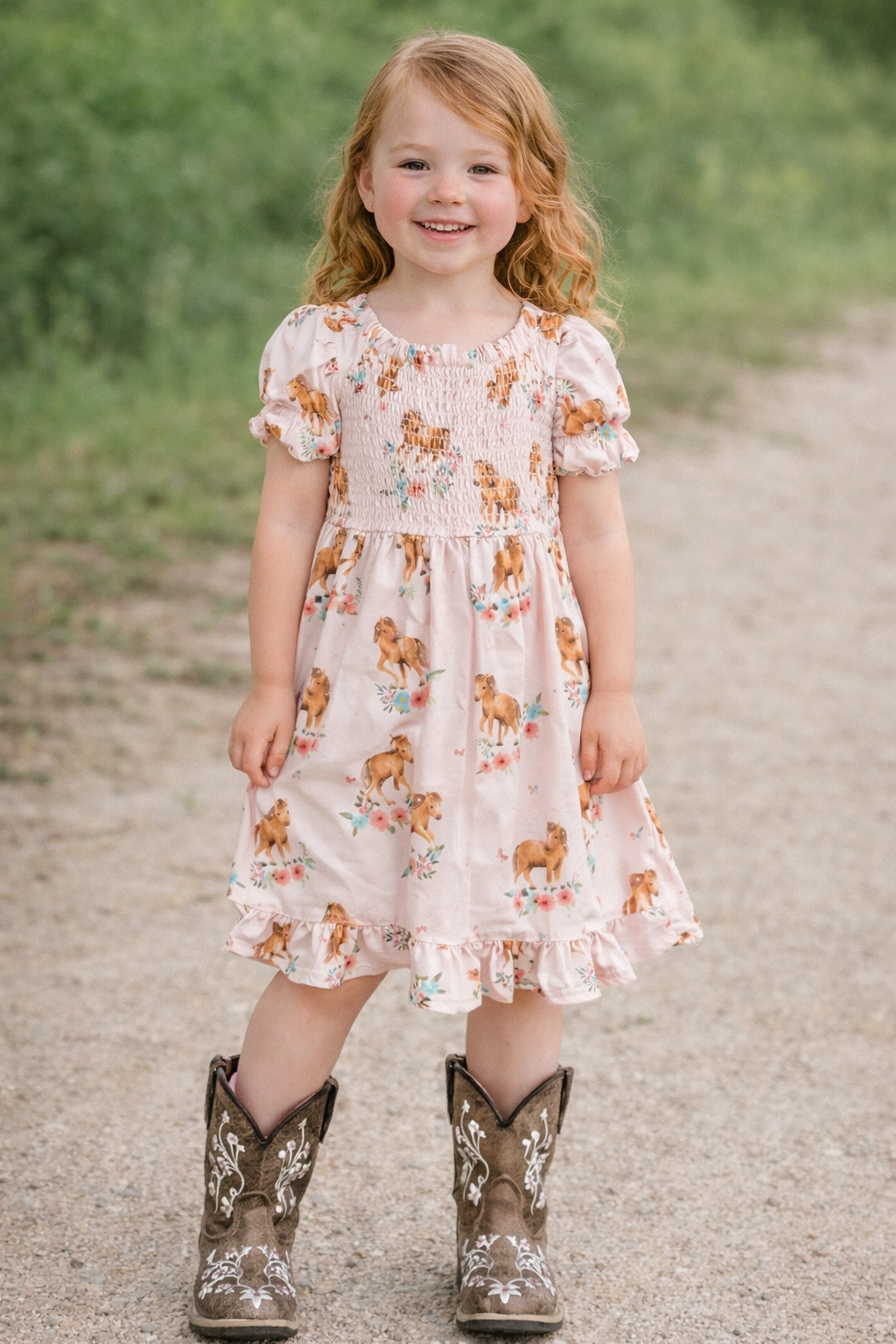 Pink Ponies Smocked Twirly Dress