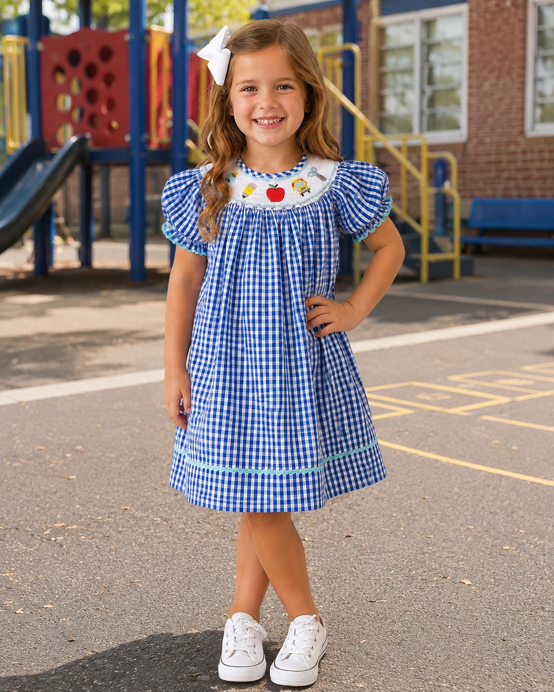 Royal Blue Gingham School Smocked Dress