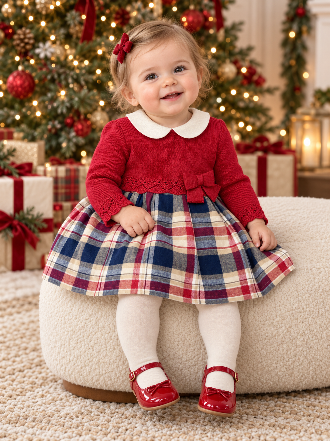 Combined Red Knit with Plaid Dress