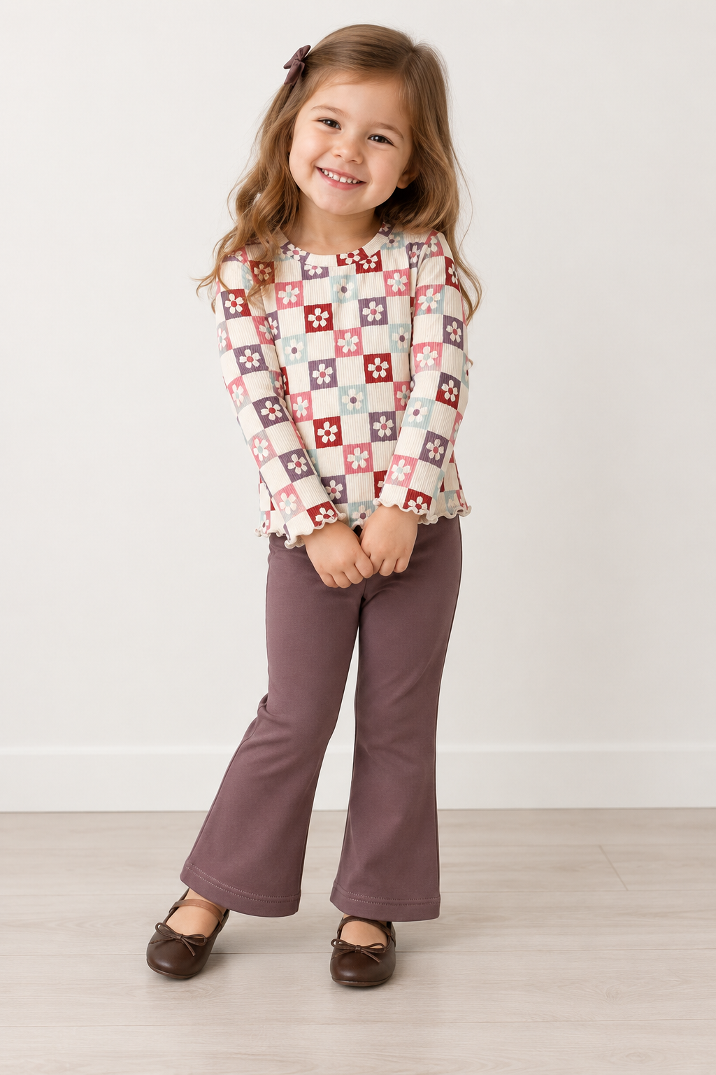 Girls Ribbed Daisy Checkered Lettuce Hem Tee