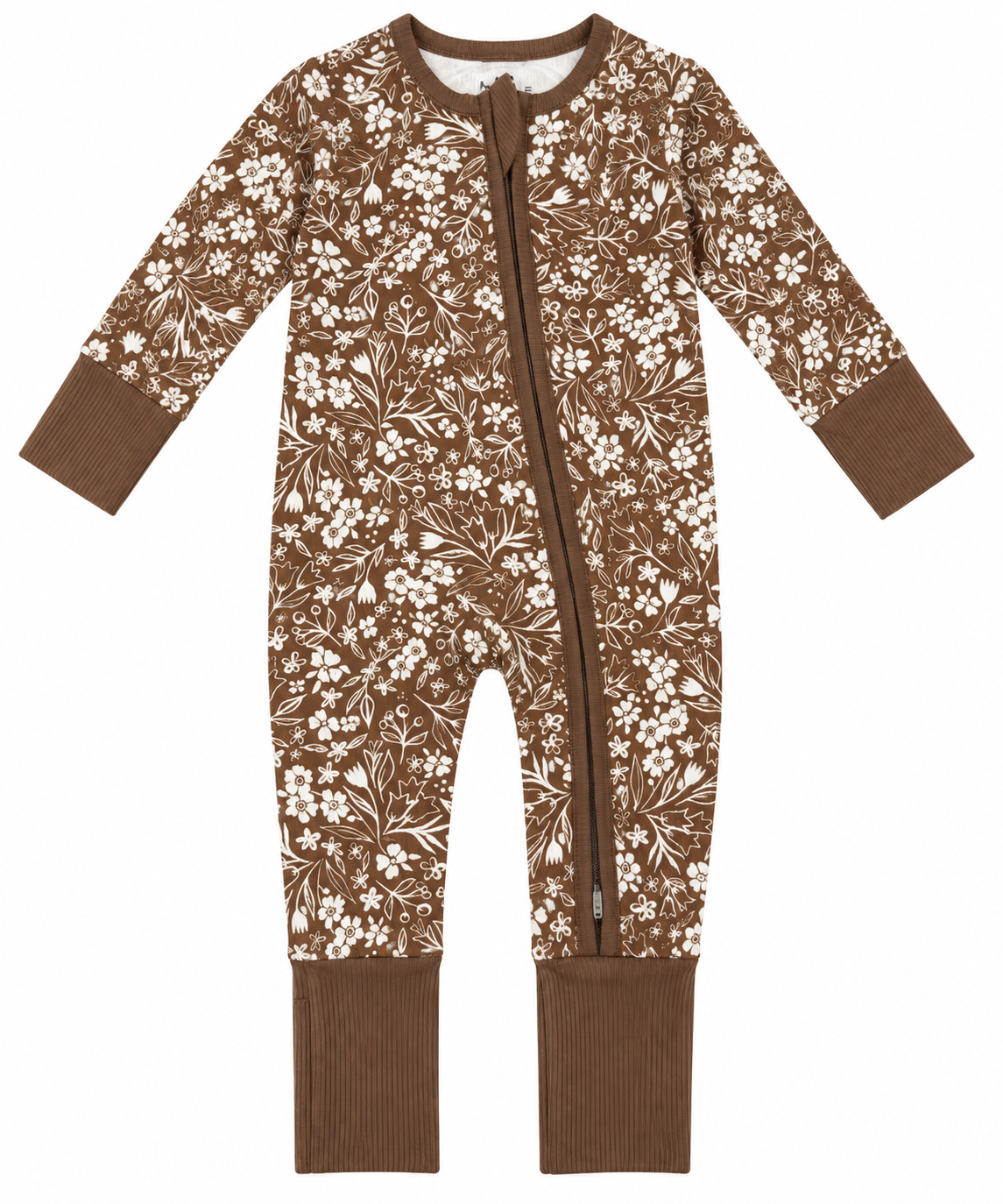 Brown Floral Zipper Footie