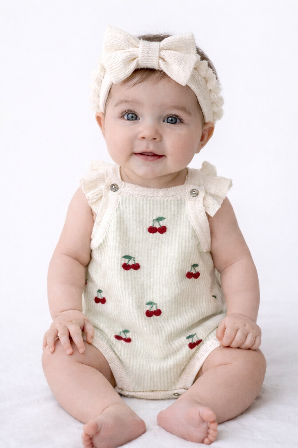Cherry Stripe Embroidered Baby Romper